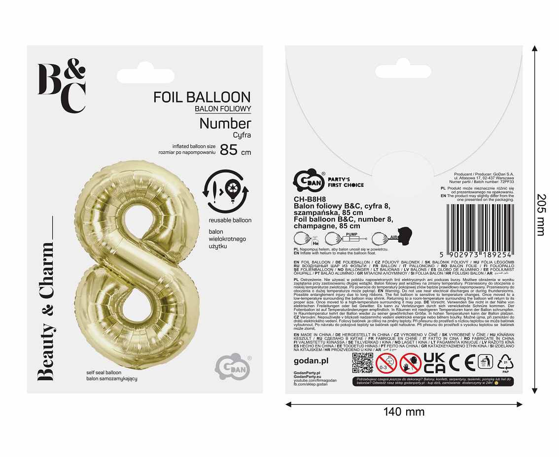 Foil balloon B&C, number 8, champagne, 85 cm